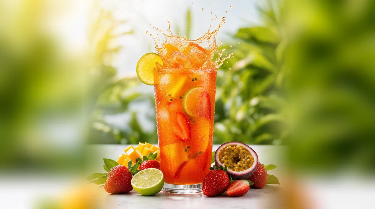 Sommerlicher Drink mit Eis, Erdbeeren, Mango und Limette
